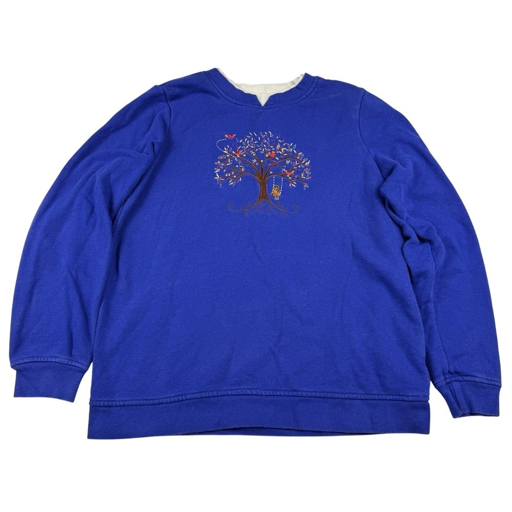 Breckenridge Cobalt Blue Sweatshirt Grandma Sweater Small‎ Tree Owl Red Birds